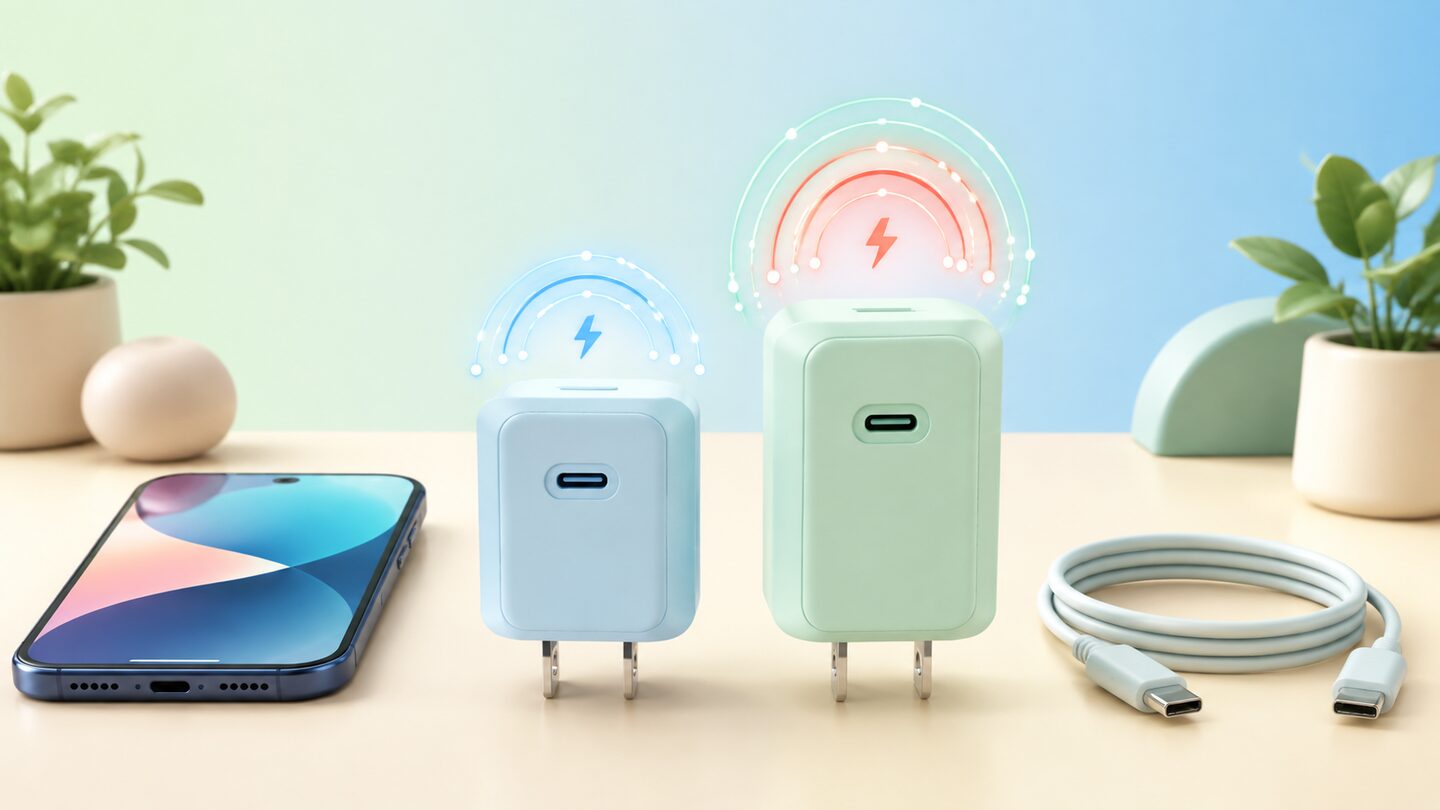 25W와 45W USB-C 충전기 크기와 충전 세기를 비교하는 스마트폰 충전 안내 이미지