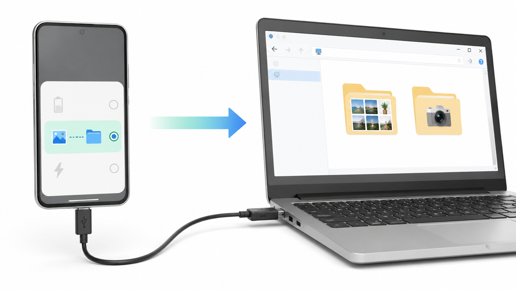 USB 데이터 케이블로 스마트폰 사진을 컴퓨터의 사진 폴더로 옮기는 과정