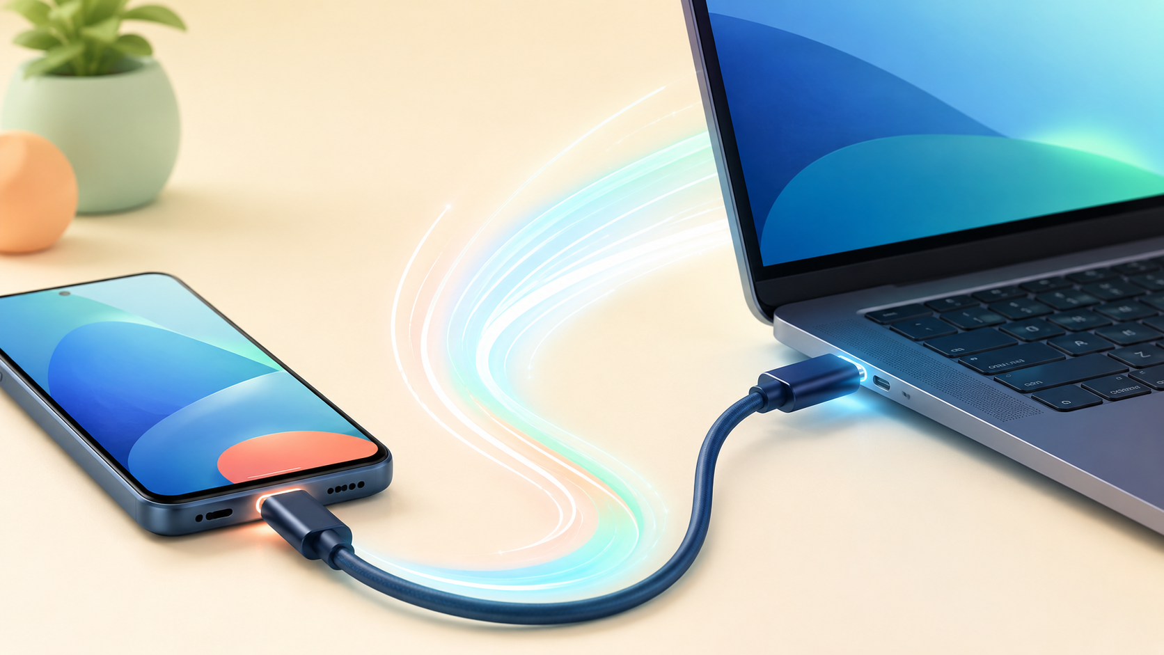 USB-C 케이블로 연결된 스마트폰과 노트북에서 충전과 데이터 전송 흐름을 보여주는 대표 이미지